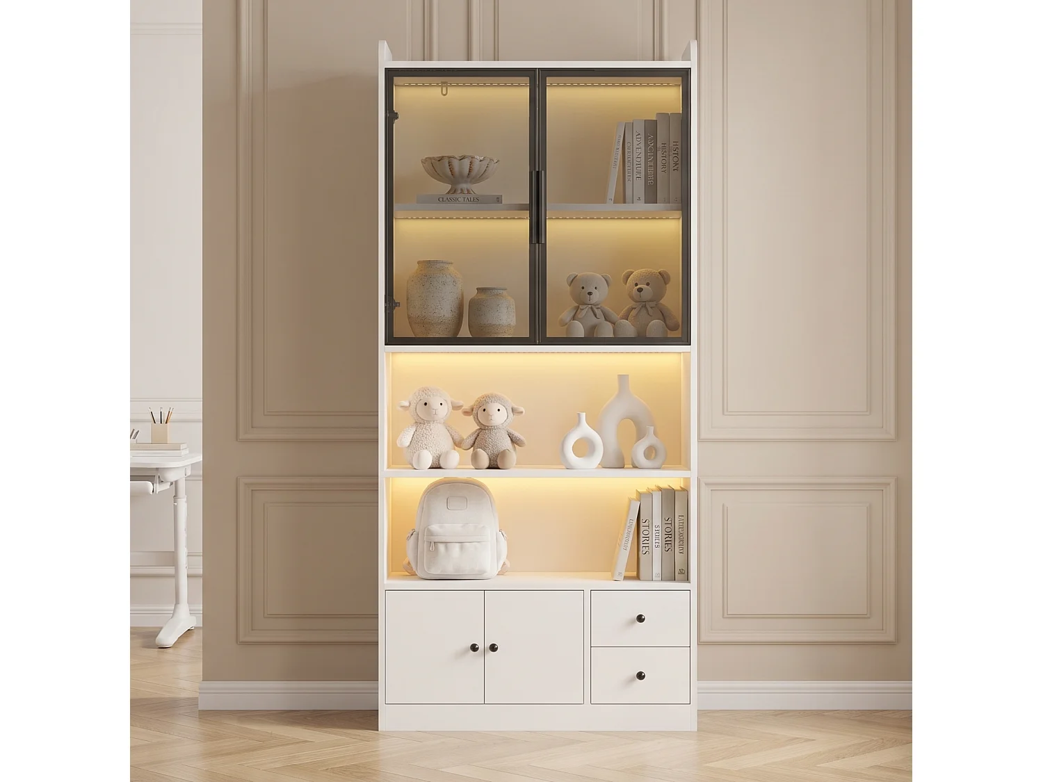 Vitrine en verre avec éclairage LED 80x30x180 cm - Avec 4 portes et 2 tiroirs - Verre trempé gris - MDF - Blanc
