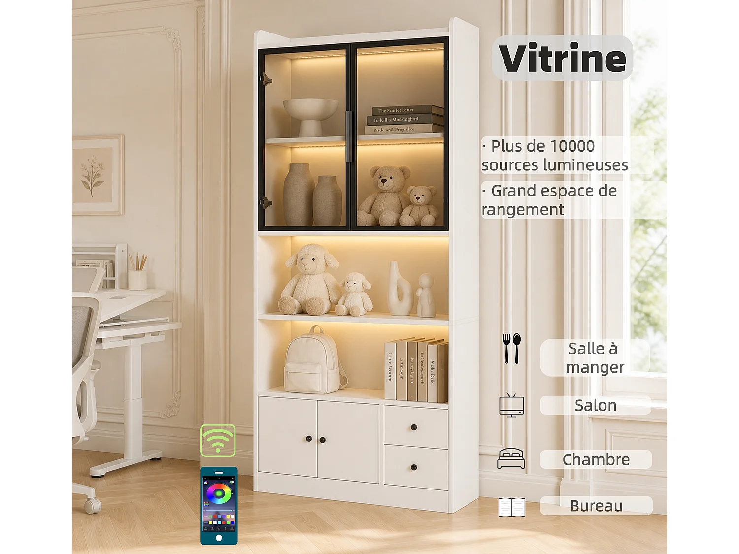 Vitrine en verre avec éclairage LED 80x30x180 cm - Avec 4 portes et 2 tiroirs - Verre trempé gris - MDF - Blanc
