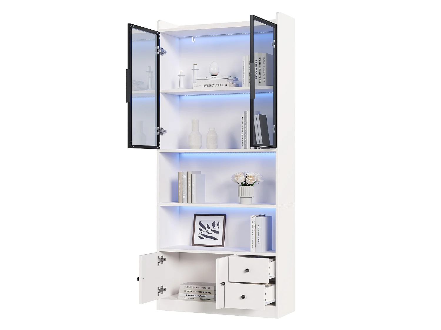 Vitrine en verre avec éclairage LED 80x30x180 cm - Avec 4 portes et 2 tiroirs - Verre trempé gris - MDF - Blanc