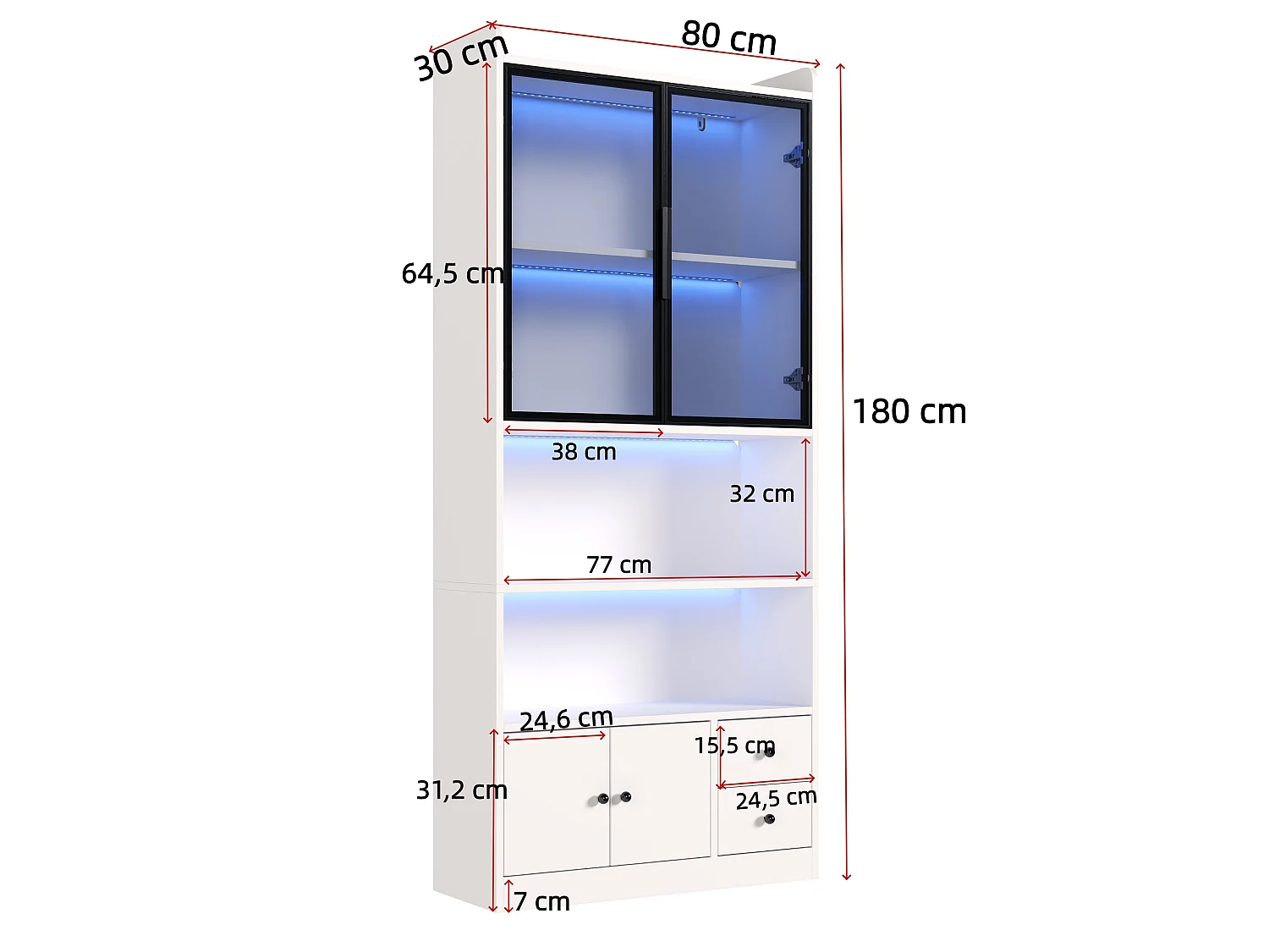 Vitrine en verre avec éclairage LED 80x30x180 cm - Avec 4 portes et 2 tiroirs - Verre trempé gris - MDF - Blanc