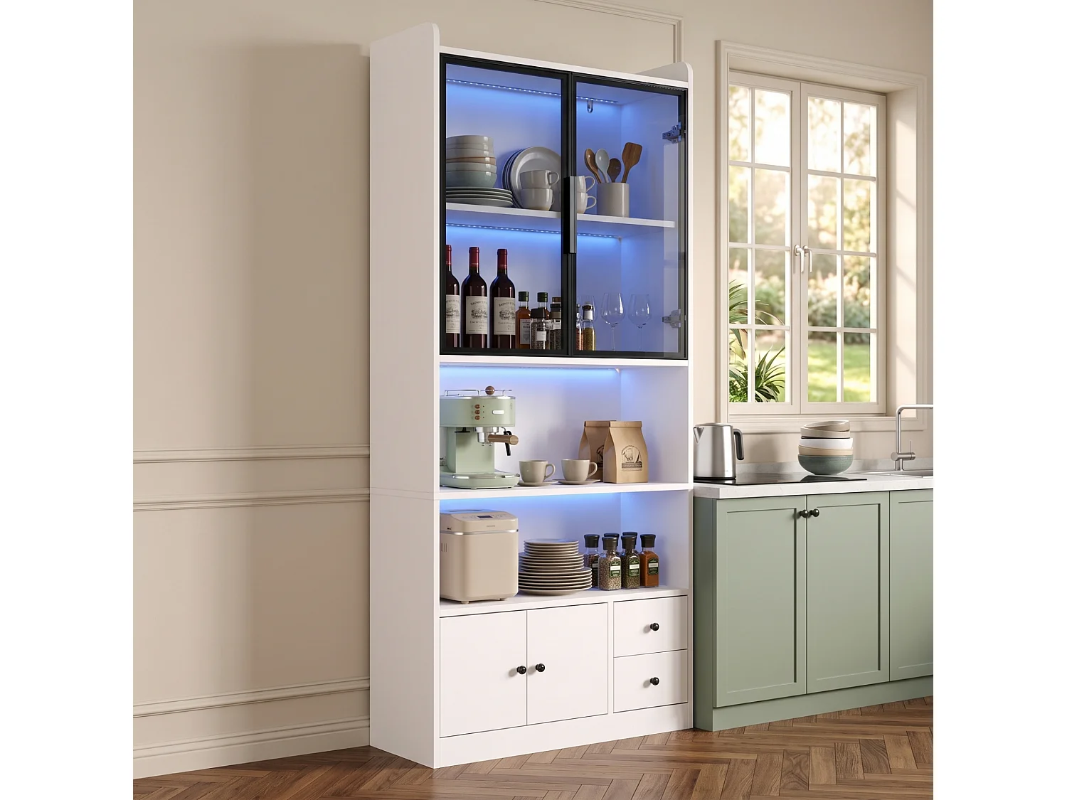 Vitrine en verre avec éclairage LED 80x30x180 cm - Avec 4 portes et 2 tiroirs - Verre trempé gris - MDF - Blanc
