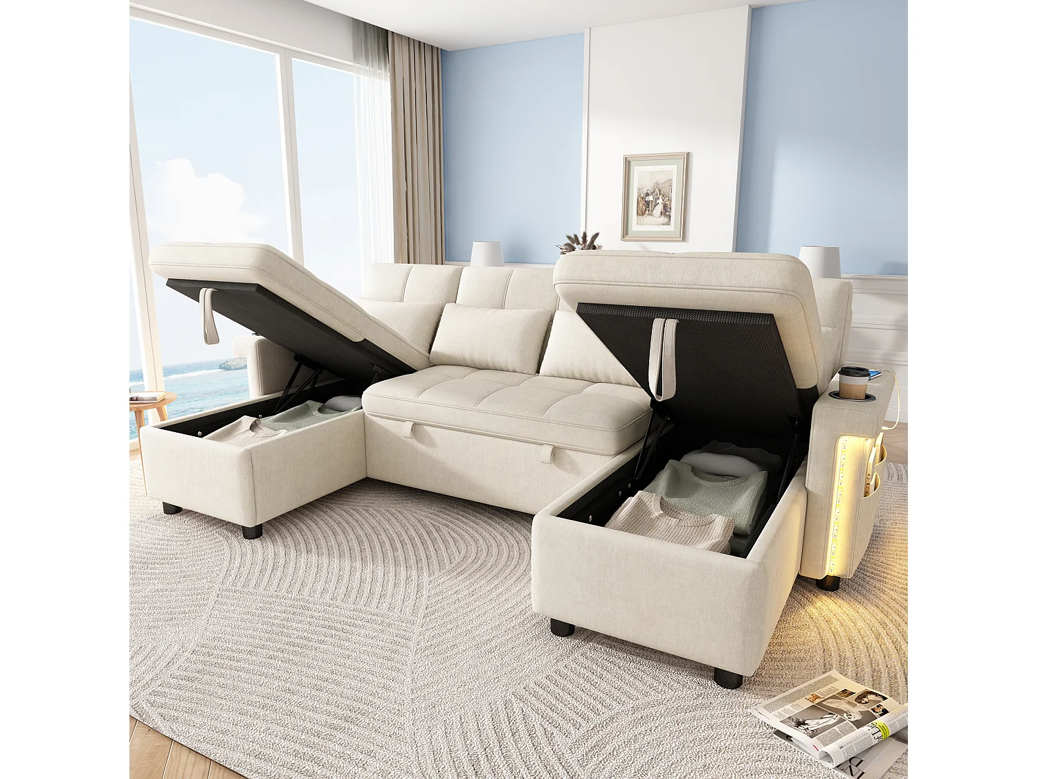 U-shaped corner sofa – With storage compartment – With LED lighting – With USB/Type-C ports – Cushions and side storage pockets included – beige