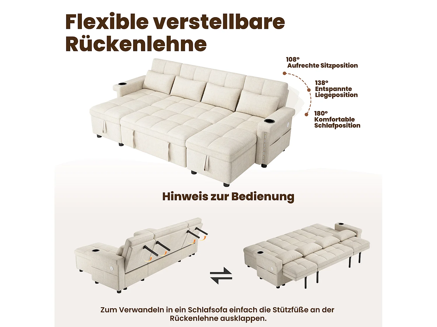 U-shaped corner sofa – With storage compartment – With LED lighting – With USB/Type-C ports – Cushions and side storage pockets included – beige