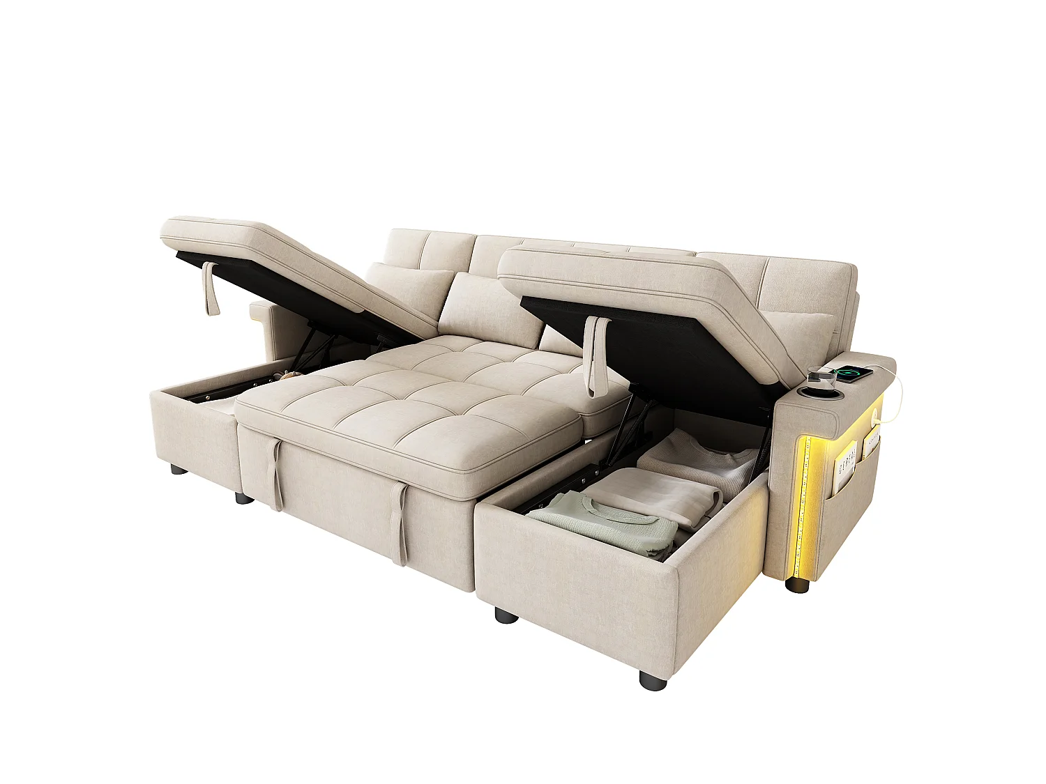 U-shaped corner sofa – With storage compartment – With LED lighting – With USB/Type-C ports – Cushions and side storage pockets included – beige