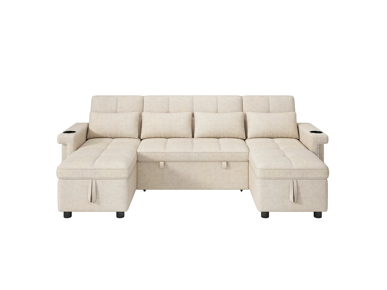 U-shaped corner sofa – With storage compartment – With LED lighting – With USB/Type-C ports – Cushions and side storage pockets included – beige