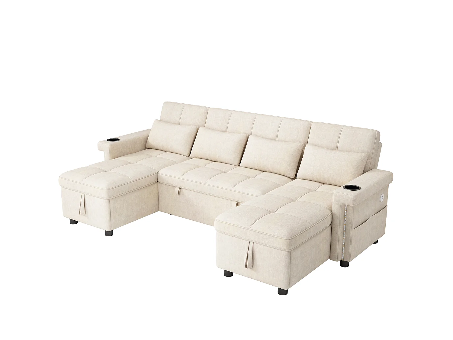 U-shaped corner sofa – With storage compartment – With LED lighting – With USB/Type-C ports – Cushions and side storage pockets included – beige