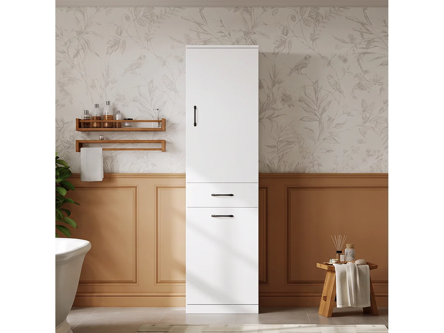 Meuble de salle de bains sur pied avec panier à linge - Structure à plusieurs niveaux - 2 portes et 1 tiroir - MDF - Blanc