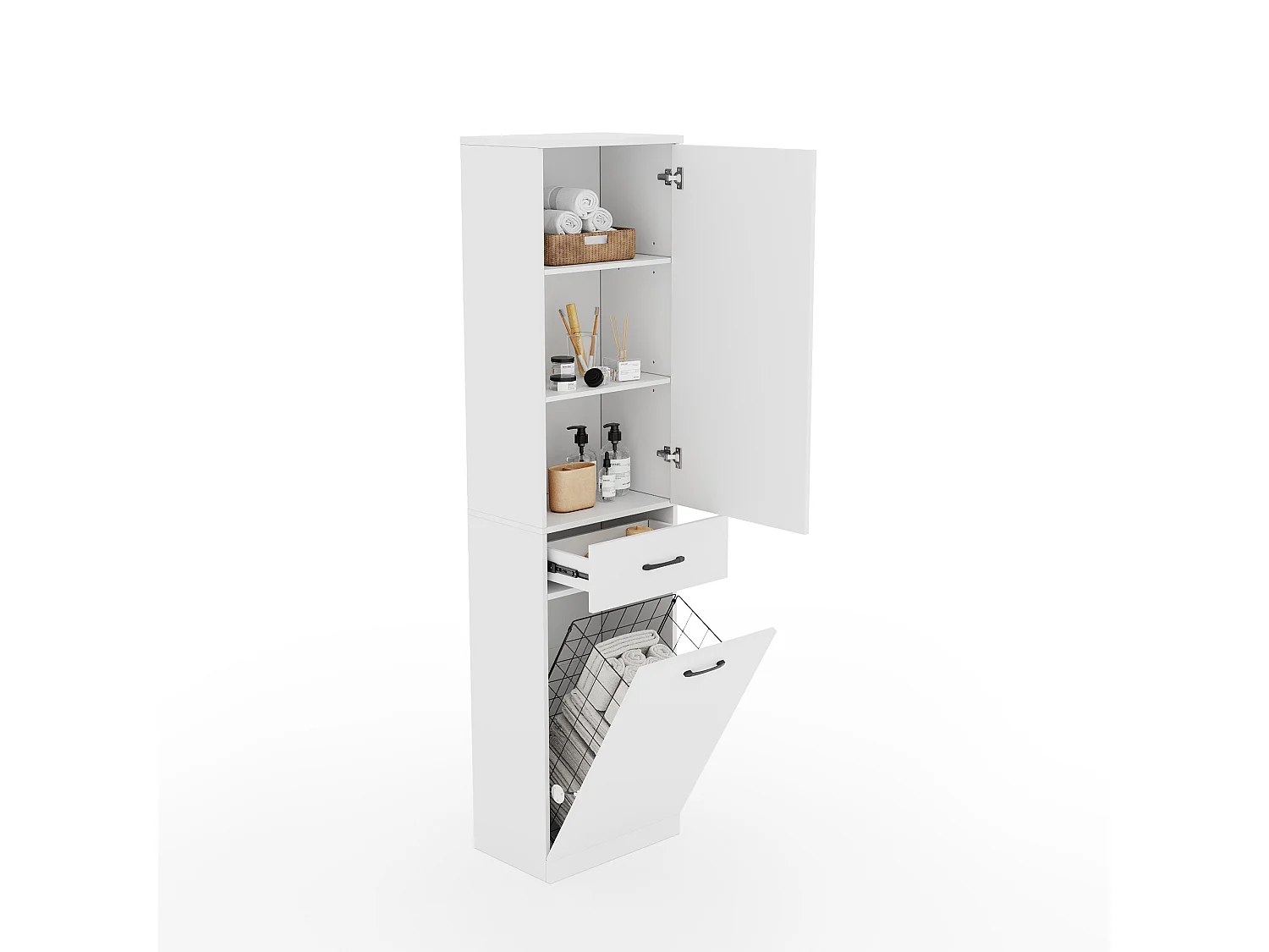 Meuble de salle de bains sur pied avec panier à linge - Structure à plusieurs niveaux - 2 portes et 1 tiroir - MDF - Blanc