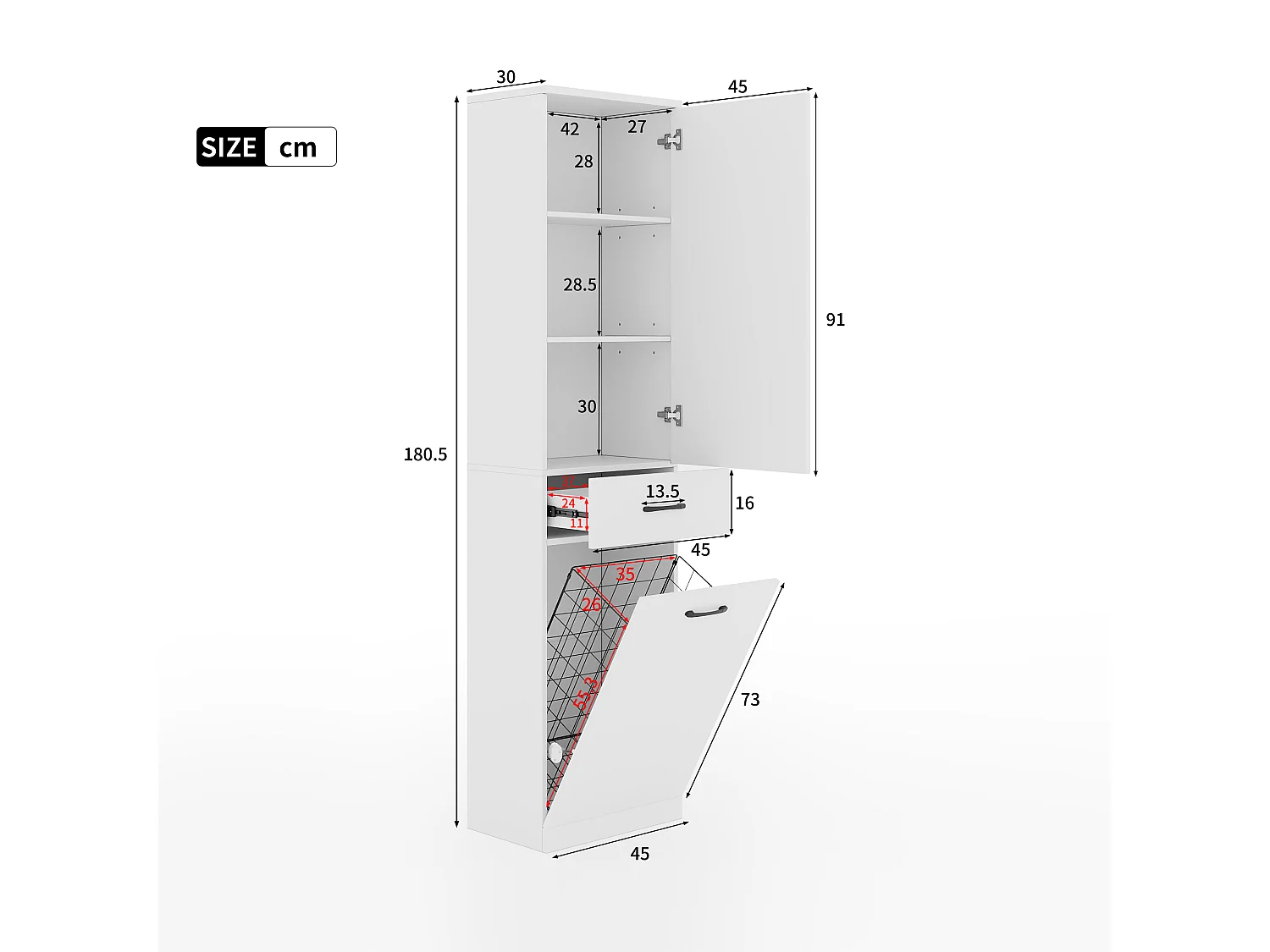 Meuble de salle de bains sur pied avec panier à linge - Structure à plusieurs niveaux - 2 portes et 1 tiroir - MDF - Blanc