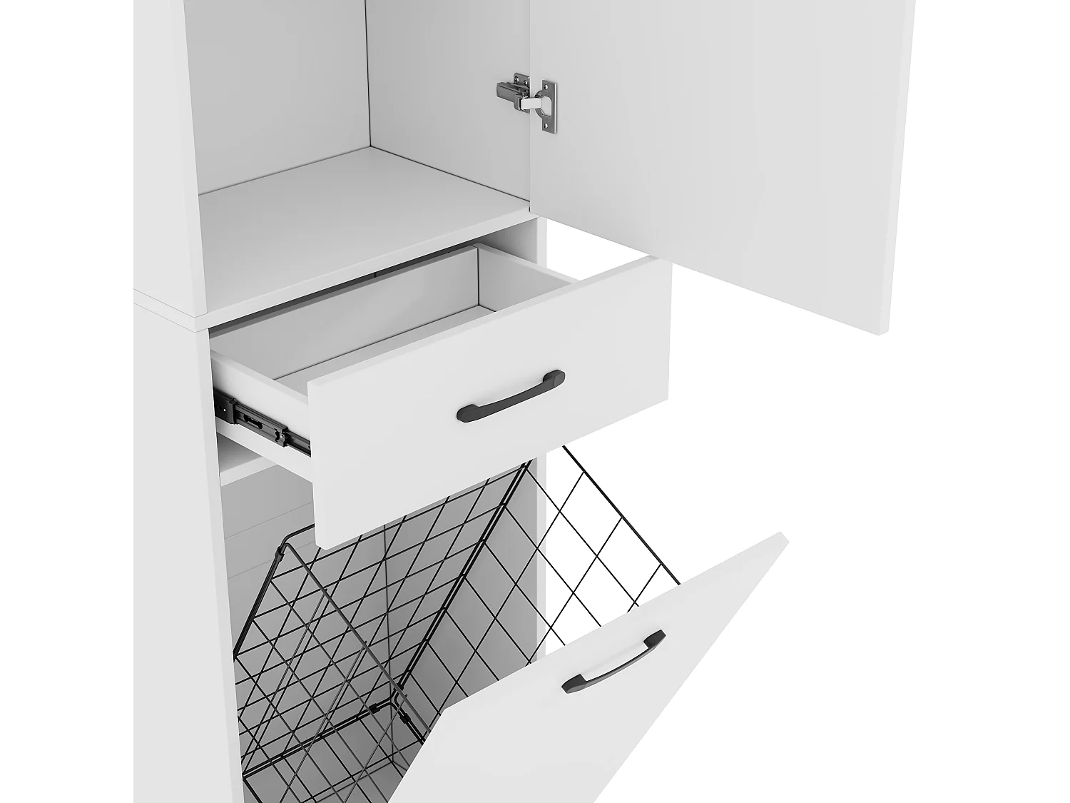 Meuble de salle de bains sur pied avec panier à linge - Structure à plusieurs niveaux - 2 portes et 1 tiroir - MDF - Blanc