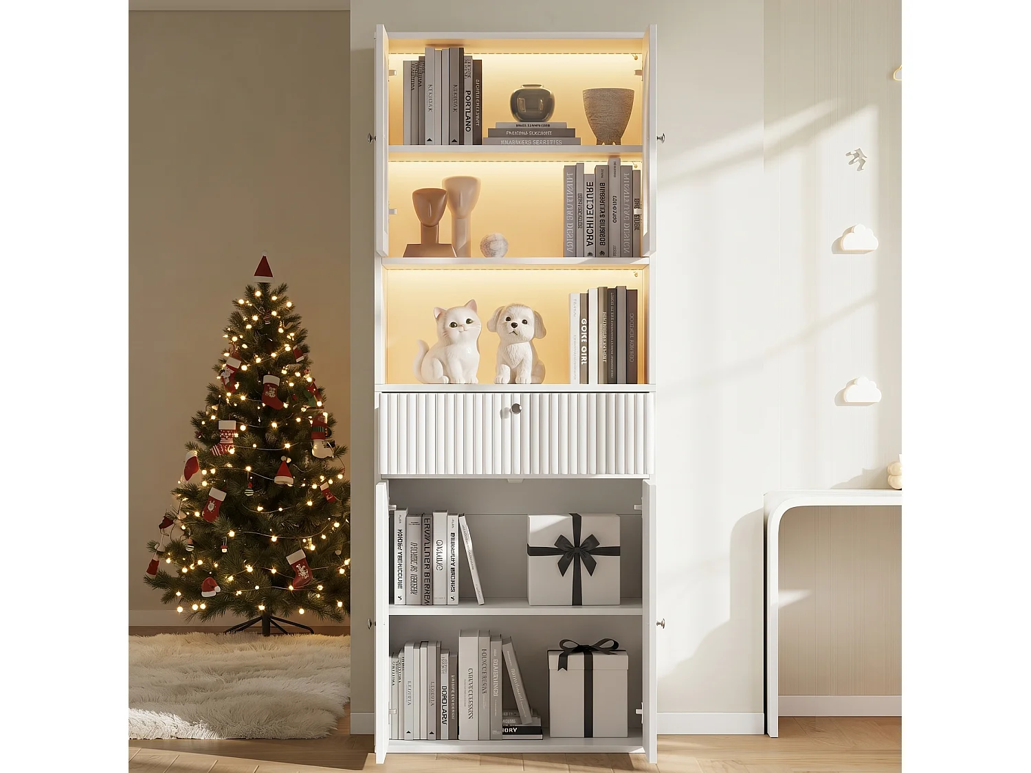 Vitrine / bibliothèque en verre avec bandeau LED - Avec 4 portes et 2 tiroirs - MDF - 70 x 35 x 180 cm - Blanc