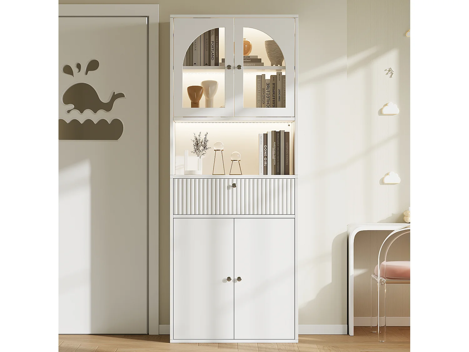 Vitrine / bibliothèque en verre avec bandeau LED - Avec 4 portes et 2 tiroirs - MDF - 70 x 35 x 180 cm - Blanc