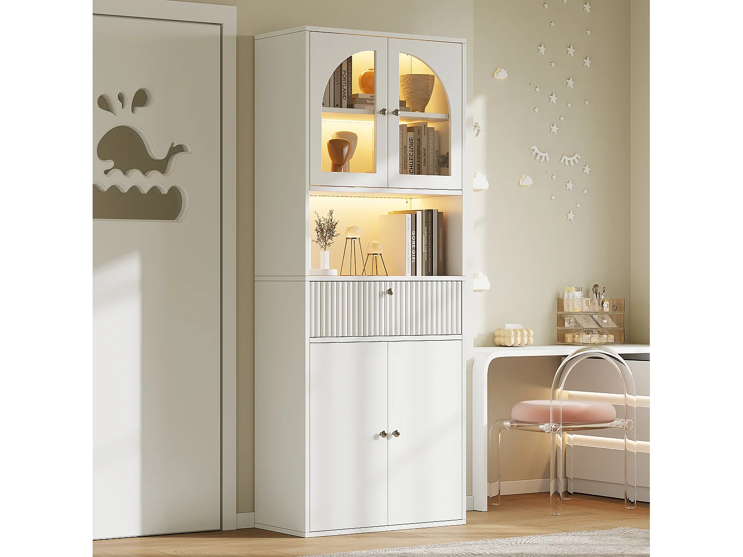 Vitrine / bibliothèque en verre avec bandeau LED - Avec 4 portes et 2 tiroirs - MDF - 70 x 35 x 180 cm - Blanc