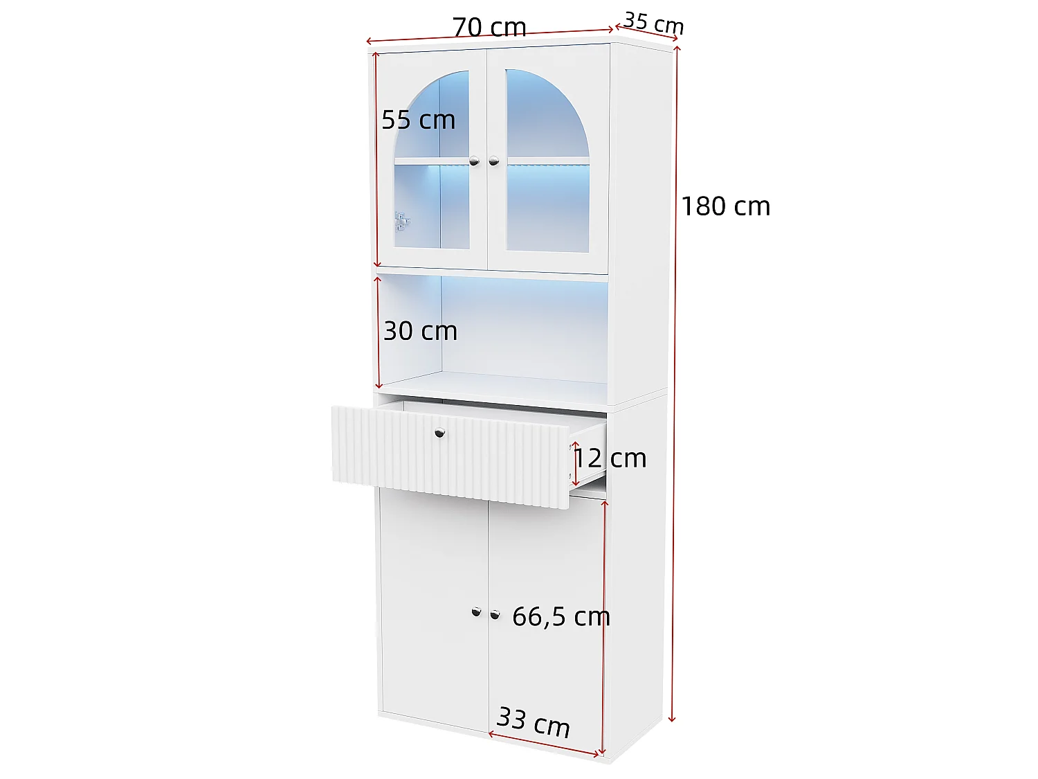 Vitrine / bibliothèque en verre avec bandeau LED - Avec 4 portes et 2 tiroirs - MDF - 70 x 35 x 180 cm - Blanc