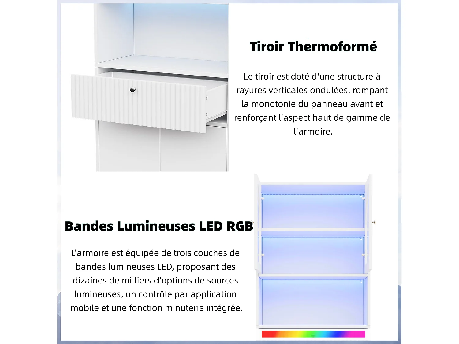 Vitrine / bibliothèque en verre avec bandeau LED - Avec 4 portes et 2 tiroirs - MDF - 70 x 35 x 180 cm - Blanc