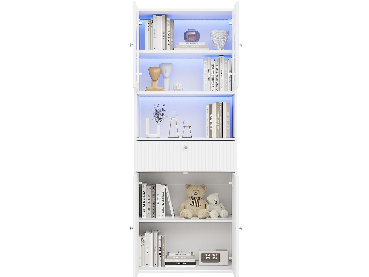 Vitrine / bibliothèque en verre avec bandeau LED - Avec 4 portes et 2 tiroirs - MDF - 70 x 35 x 180 cm - Blanc