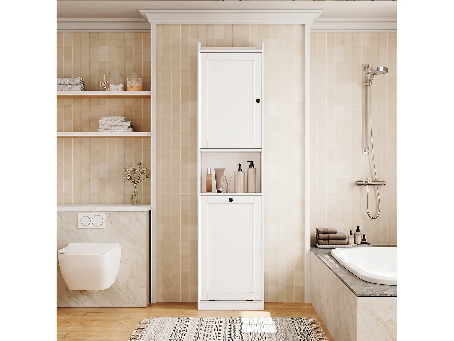 Meuble de salle de bains au sol - Finition laquée - 2 portes et étagères réglables, portes à abattant - Blanc