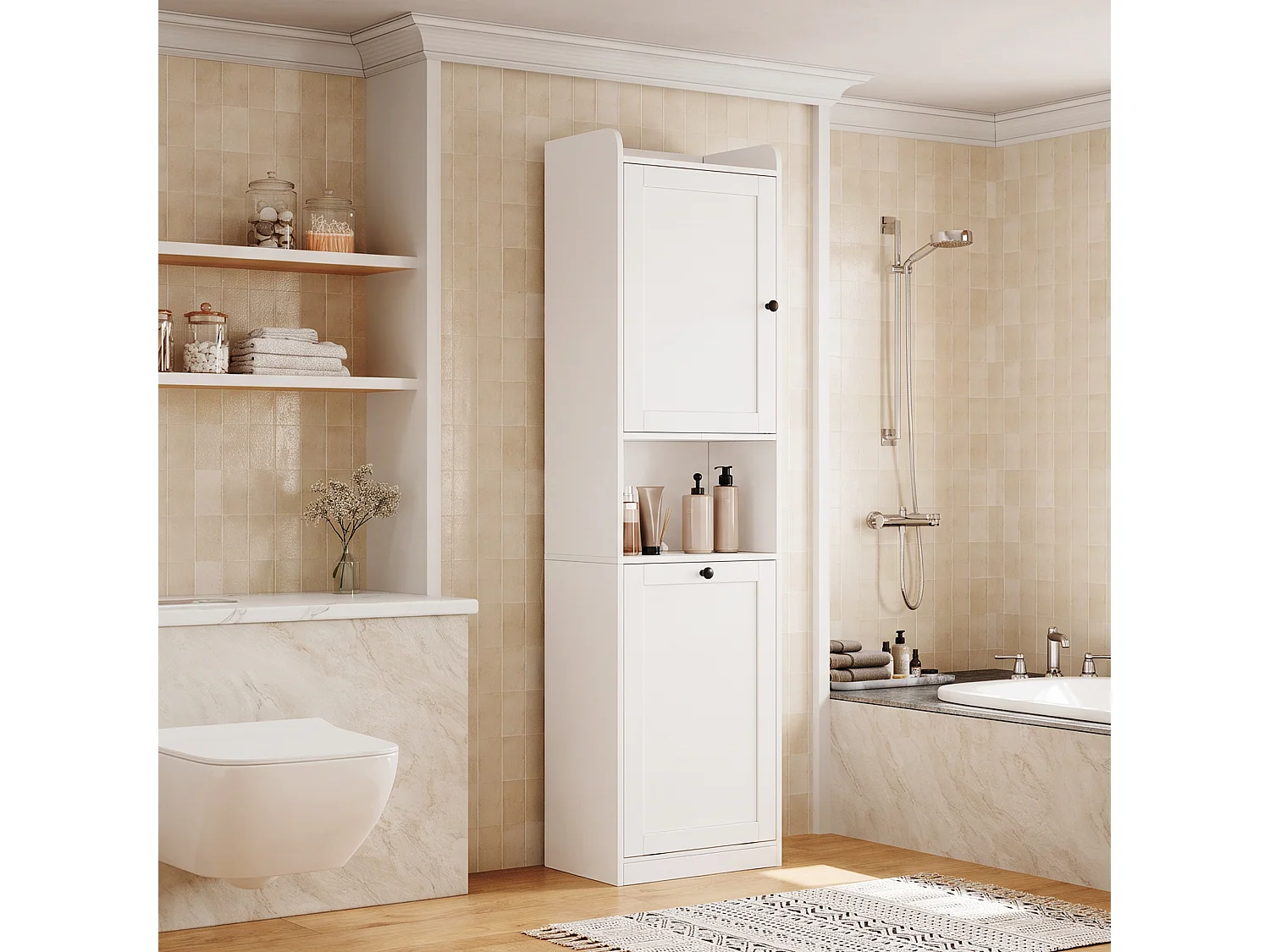 Meuble de salle de bains au sol - Finition laquée - 2 portes et étagères réglables, portes à abattant - Blanc