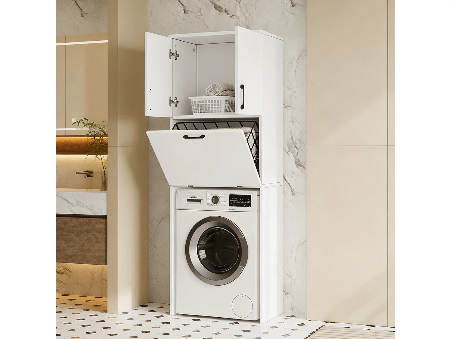 Meuble de salle de bains pour lave-linge 65x40x180,5 cm - avec 3 portes et 1 panier métallique - finition laquée - MDF - blanc