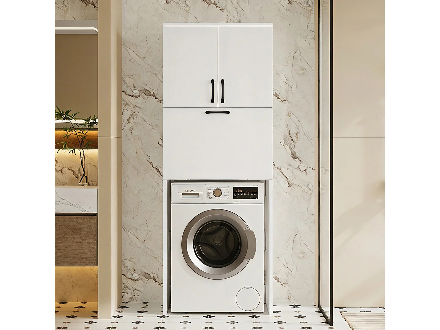 Meuble de salle de bains pour lave-linge 65x40x180,5 cm - avec 3 portes et 1 panier métallique - finition laquée - MDF - blanc
