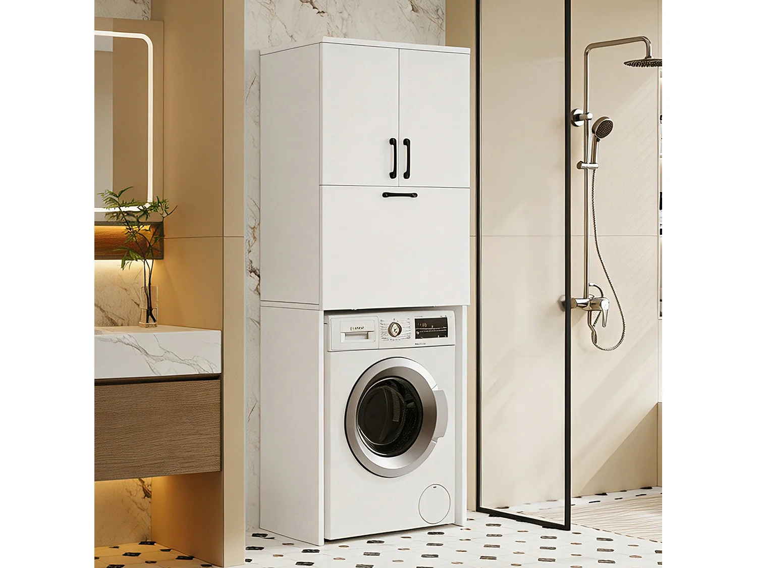 Meuble de salle de bains pour lave-linge 65x40x180,5 cm - avec 3 portes et 1 panier métallique - finition laquée - MDF - blanc