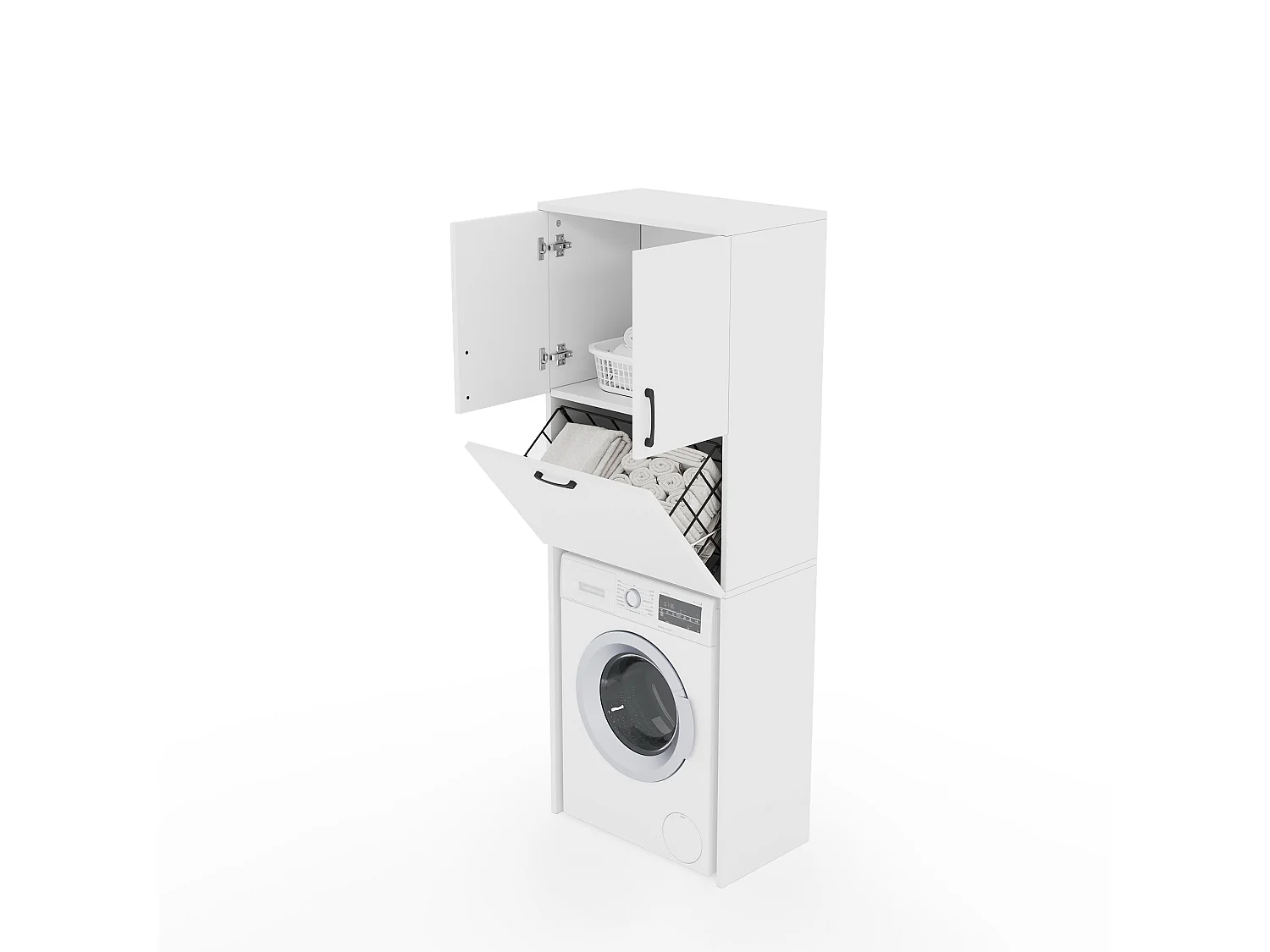 Meuble de salle de bains pour lave-linge 65x40x180,5 cm - avec 3 portes et 1 panier métallique - finition laquée - MDF - blanc