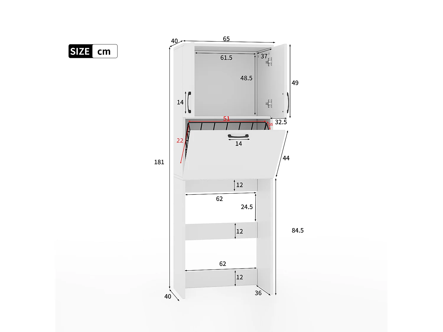 Meuble de salle de bains pour lave-linge 65x40x180,5 cm - avec 3 portes et 1 panier métallique - finition laquée - MDF - blanc