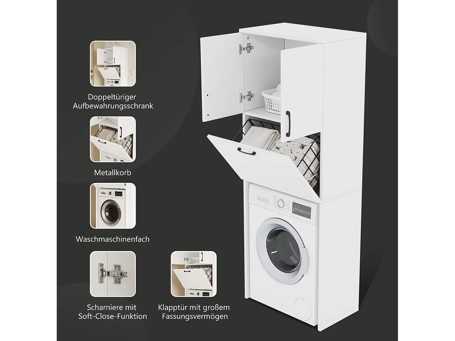 Meuble de salle de bains pour lave-linge 65x40x180,5 cm - avec 3 portes et 1 panier métallique - finition laquée - MDF - blanc