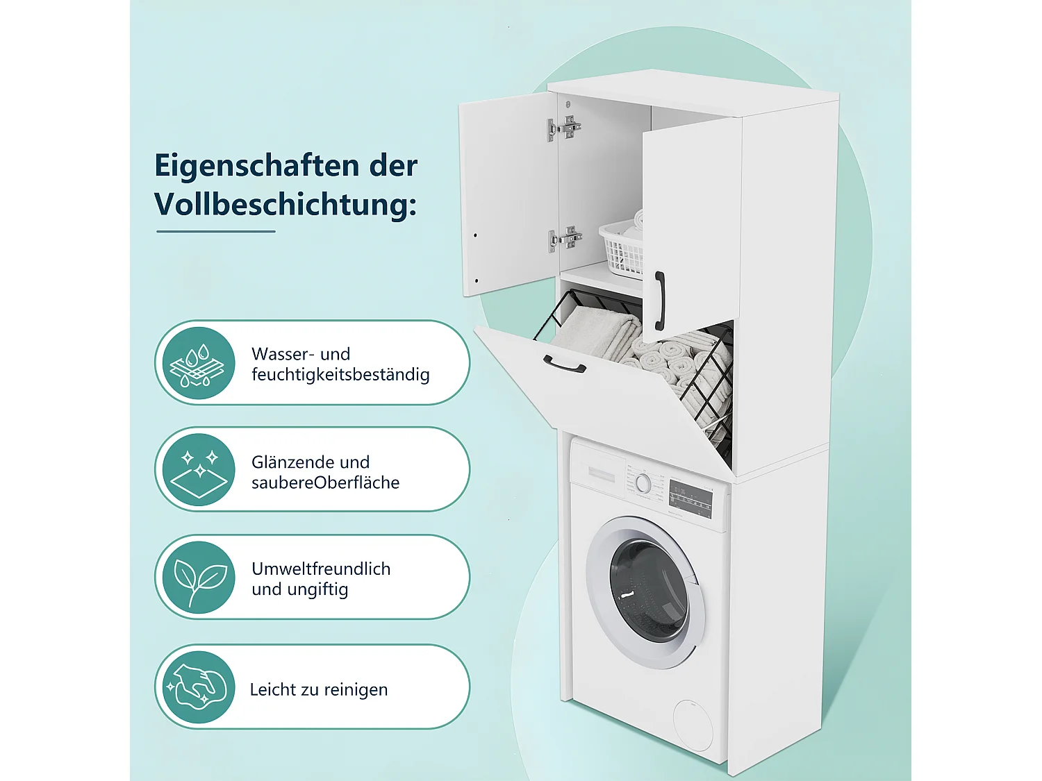 Meuble de salle de bains pour lave-linge 65x40x180,5 cm - avec 3 portes et 1 panier métallique - finition laquée - MDF - blanc