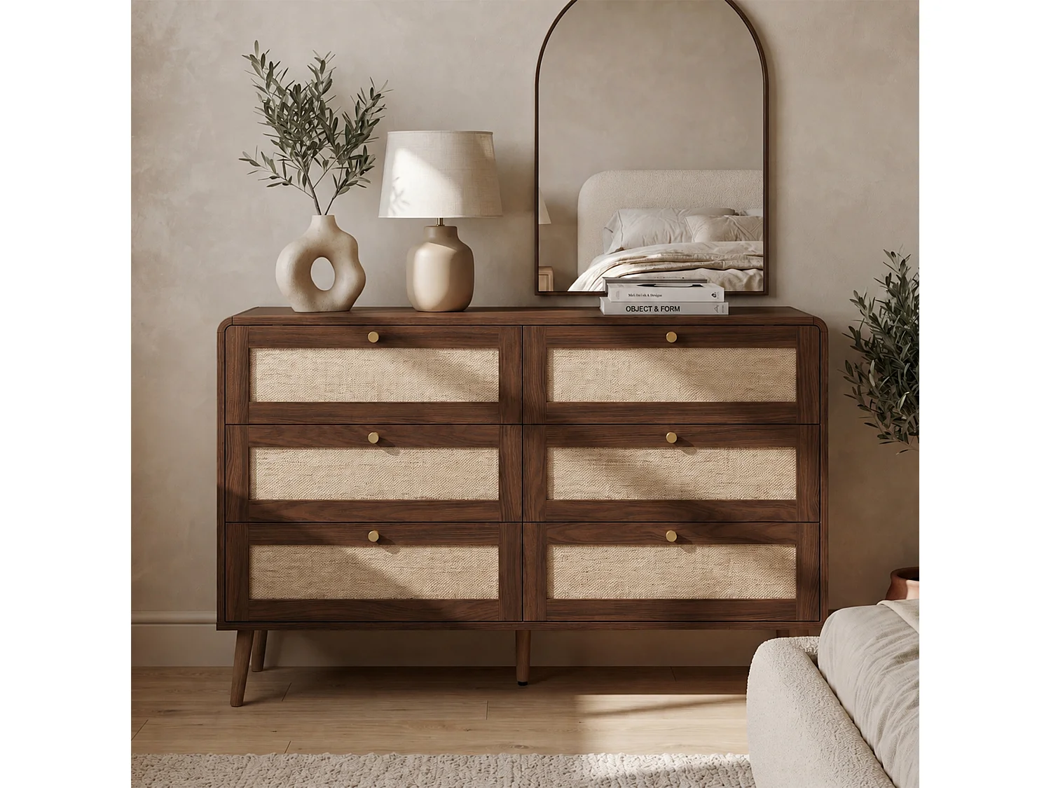 Kommode mit 6 Schubladen 120x40x80cm - Texturierte Nussbaum- und Korbweiden-Optik - Abgerundete Ecken - MDF - Braun