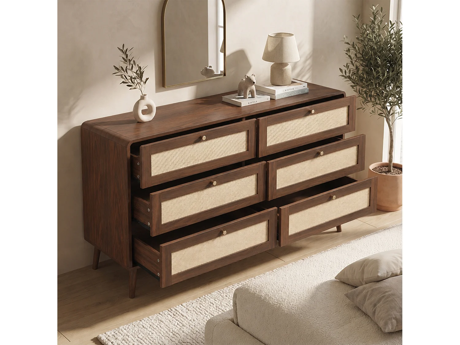 Kommode mit 6 Schubladen 120x40x80cm - Texturierte Nussbaum- und Korbweiden-Optik - Abgerundete Ecken - MDF - Braun