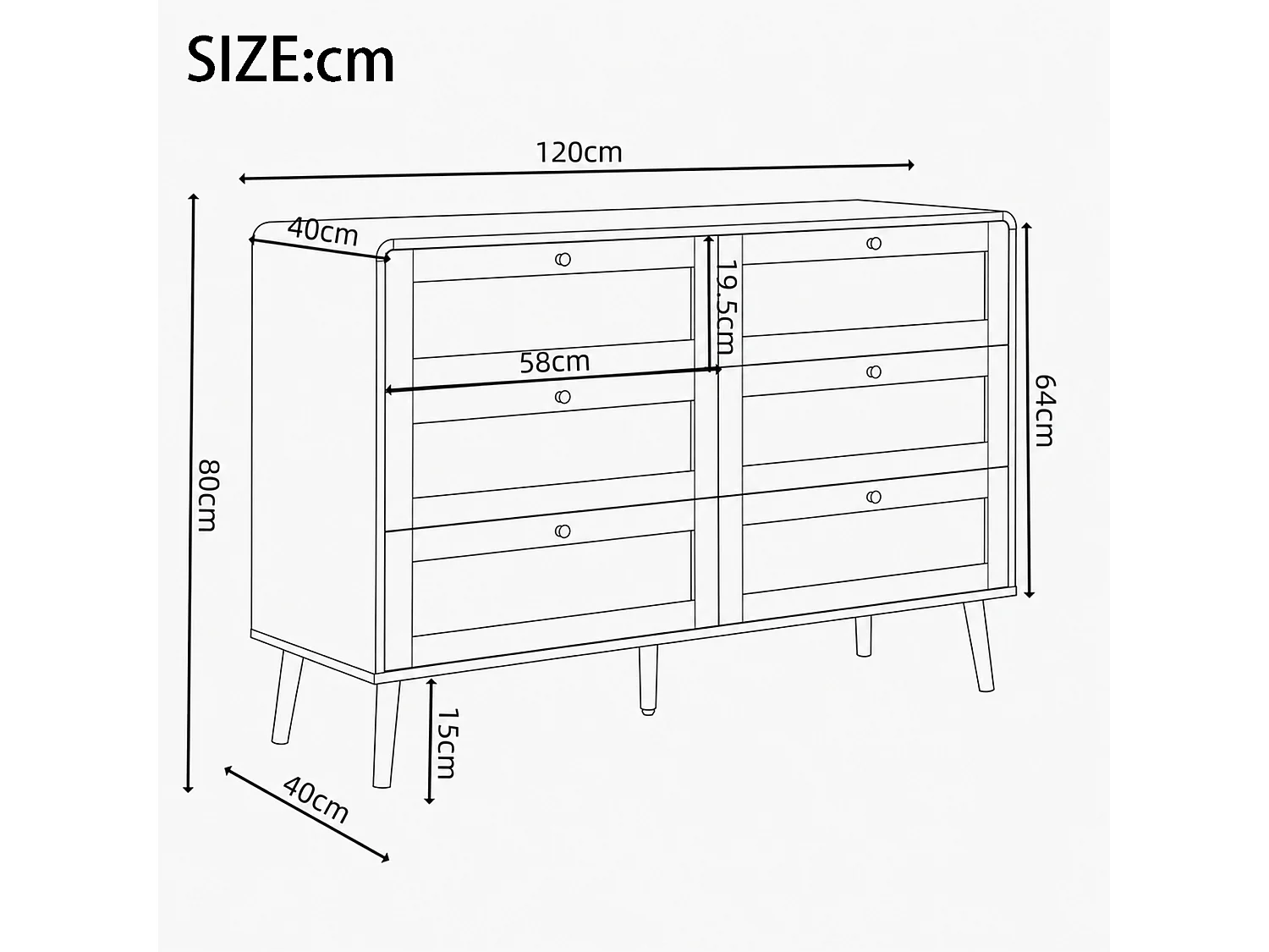 Kommode mit 6 Schubladen 120x40x80cm - Texturierte Nussbaum- und Korbweiden-Optik - Abgerundete Ecken - MDF - Braun
