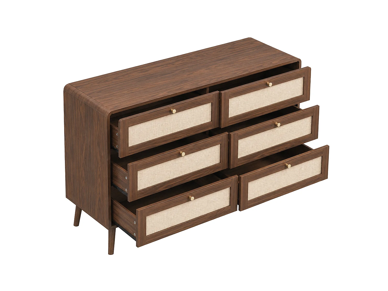 Kommode mit 6 Schubladen 120x40x80cm - Texturierte Nussbaum- und Korbweiden-Optik - Abgerundete Ecken - MDF - Braun