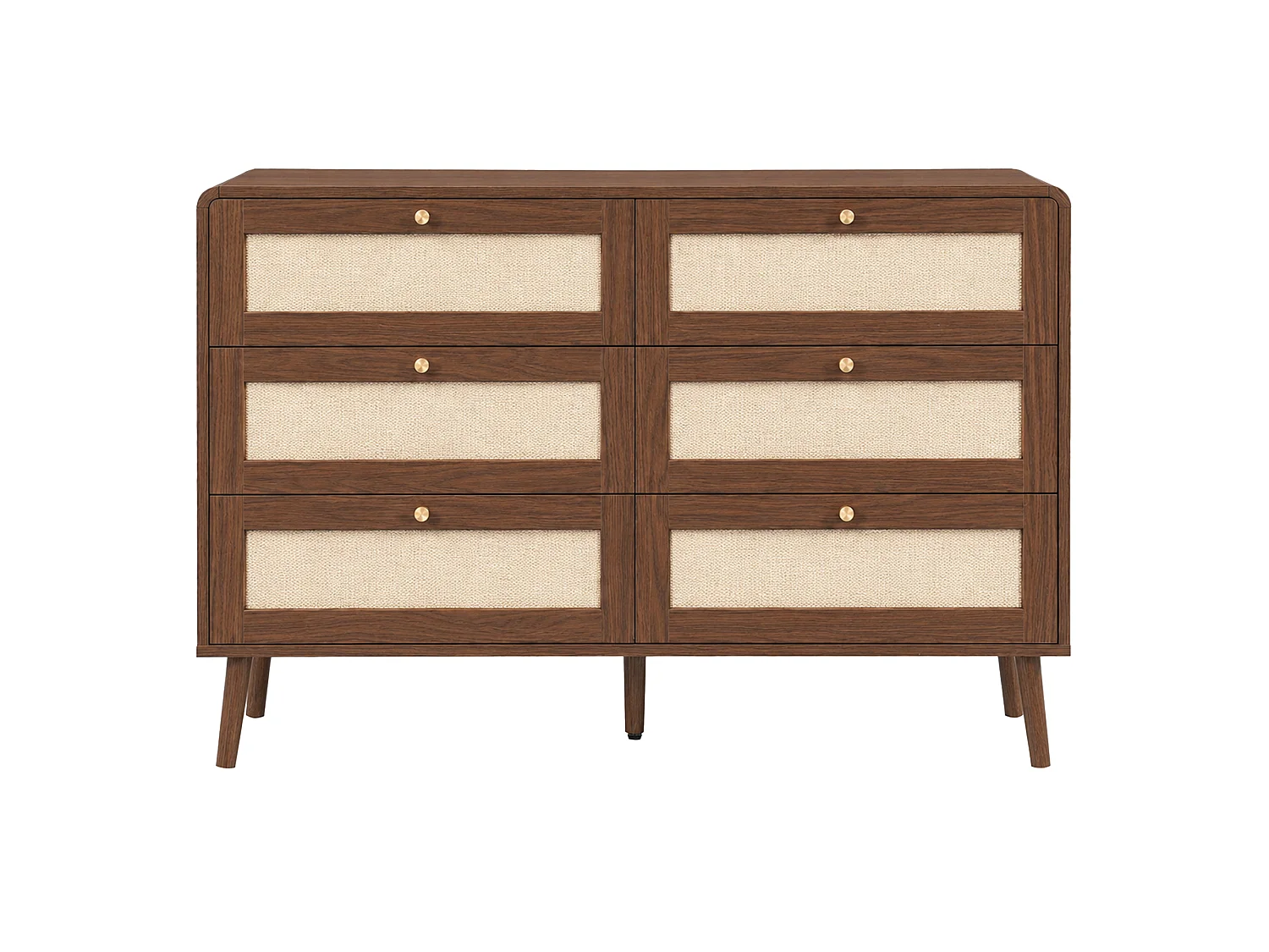 Kommode mit 6 Schubladen 120x40x80cm - Texturierte Nussbaum- und Korbweiden-Optik - Abgerundete Ecken - MDF - Braun