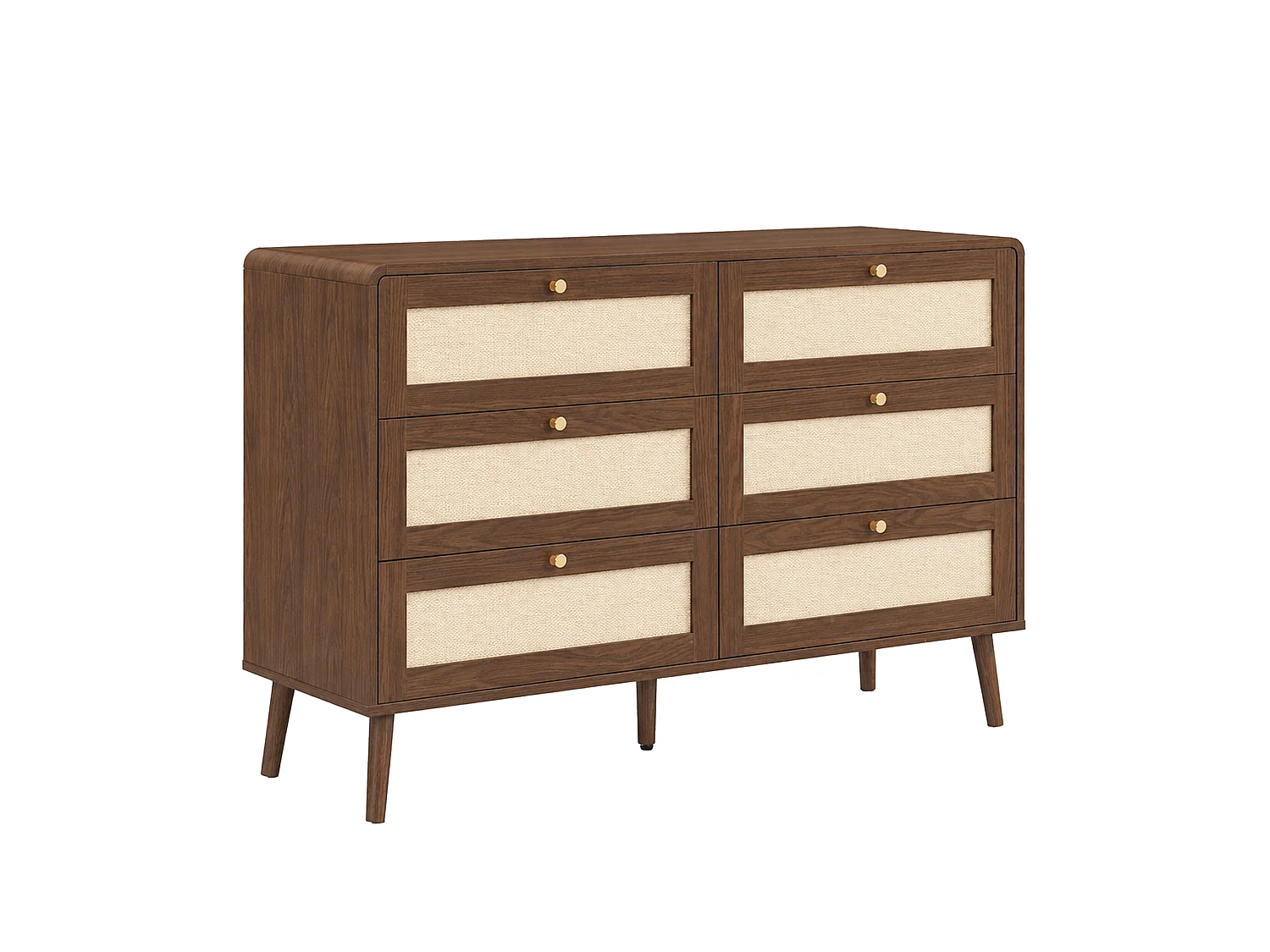 Kommode mit 6 Schubladen 120x40x80cm - Texturierte Nussbaum- und Korbweiden-Optik - Abgerundete Ecken - MDF - Braun