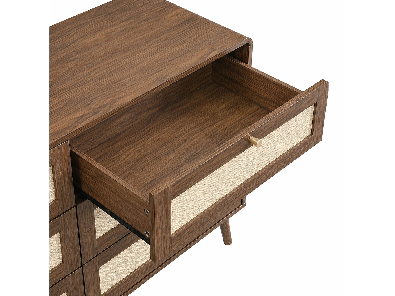 Kommode mit 6 Schubladen 120x40x80cm - Texturierte Nussbaum- und Korbweiden-Optik - Abgerundete Ecken - MDF - Braun