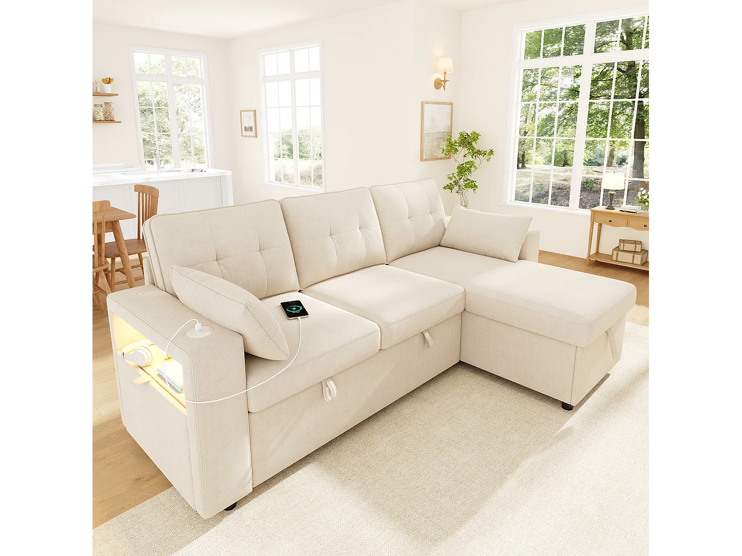 Canapé moderne en forme de L – avec ports USB et Type-C – avec éclairage LED – inclut 2 coussins – beige