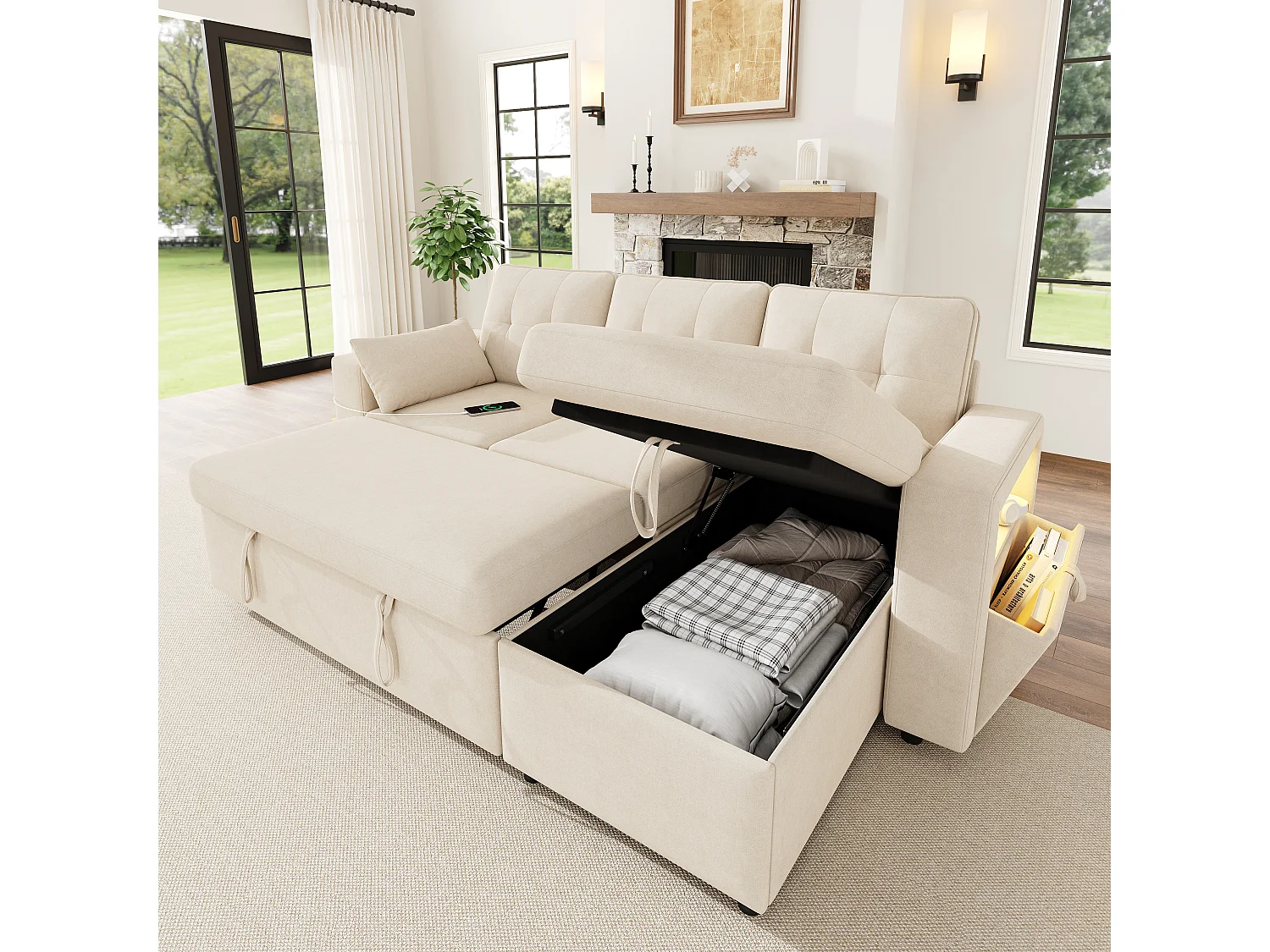 Canapé moderne en forme de L – avec ports USB et Type-C – avec éclairage LED – inclut 2 coussins – beige