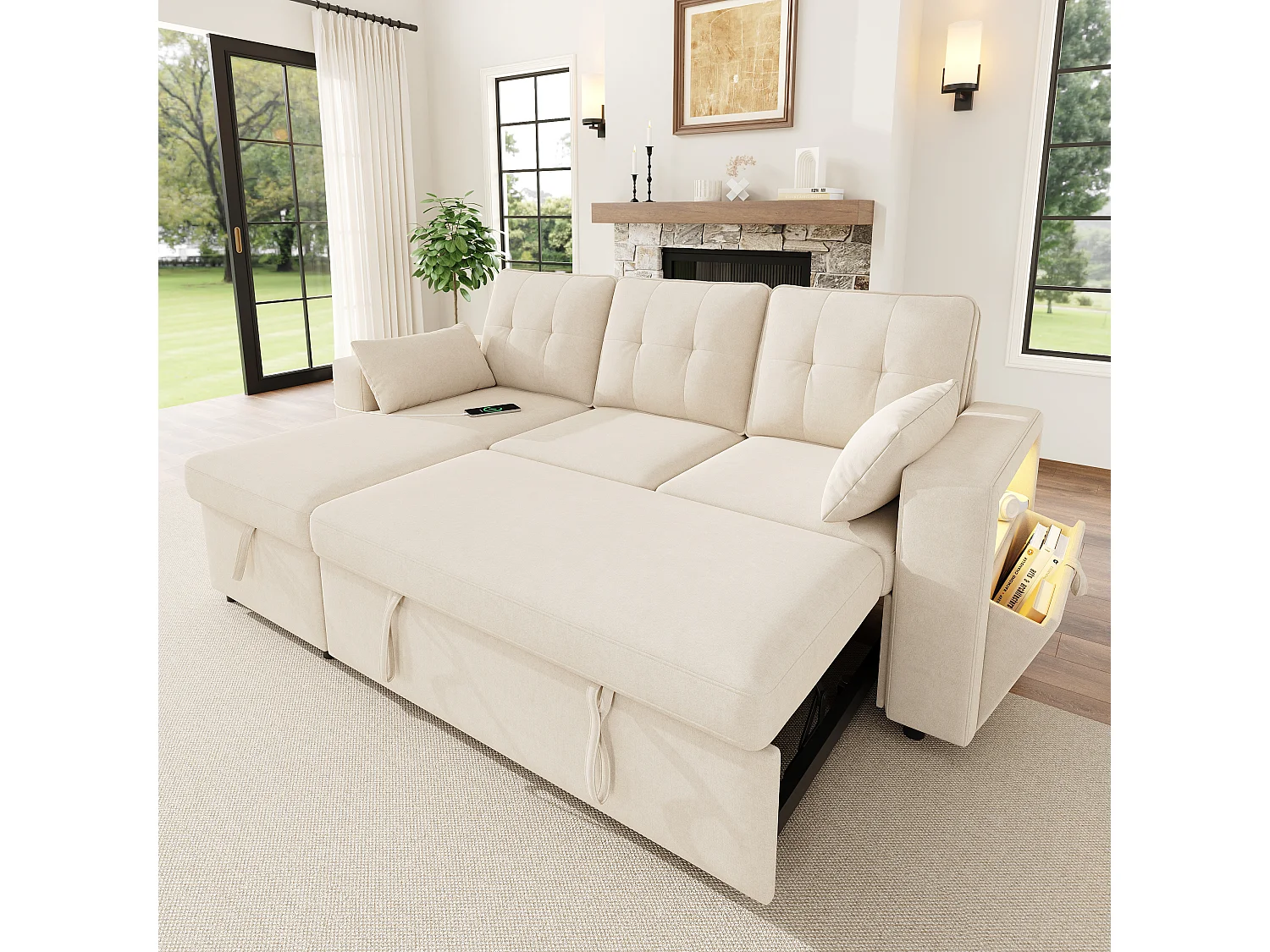 Canapé moderne en forme de L – avec ports USB et Type-C – avec éclairage LED – inclut 2 coussins – beige