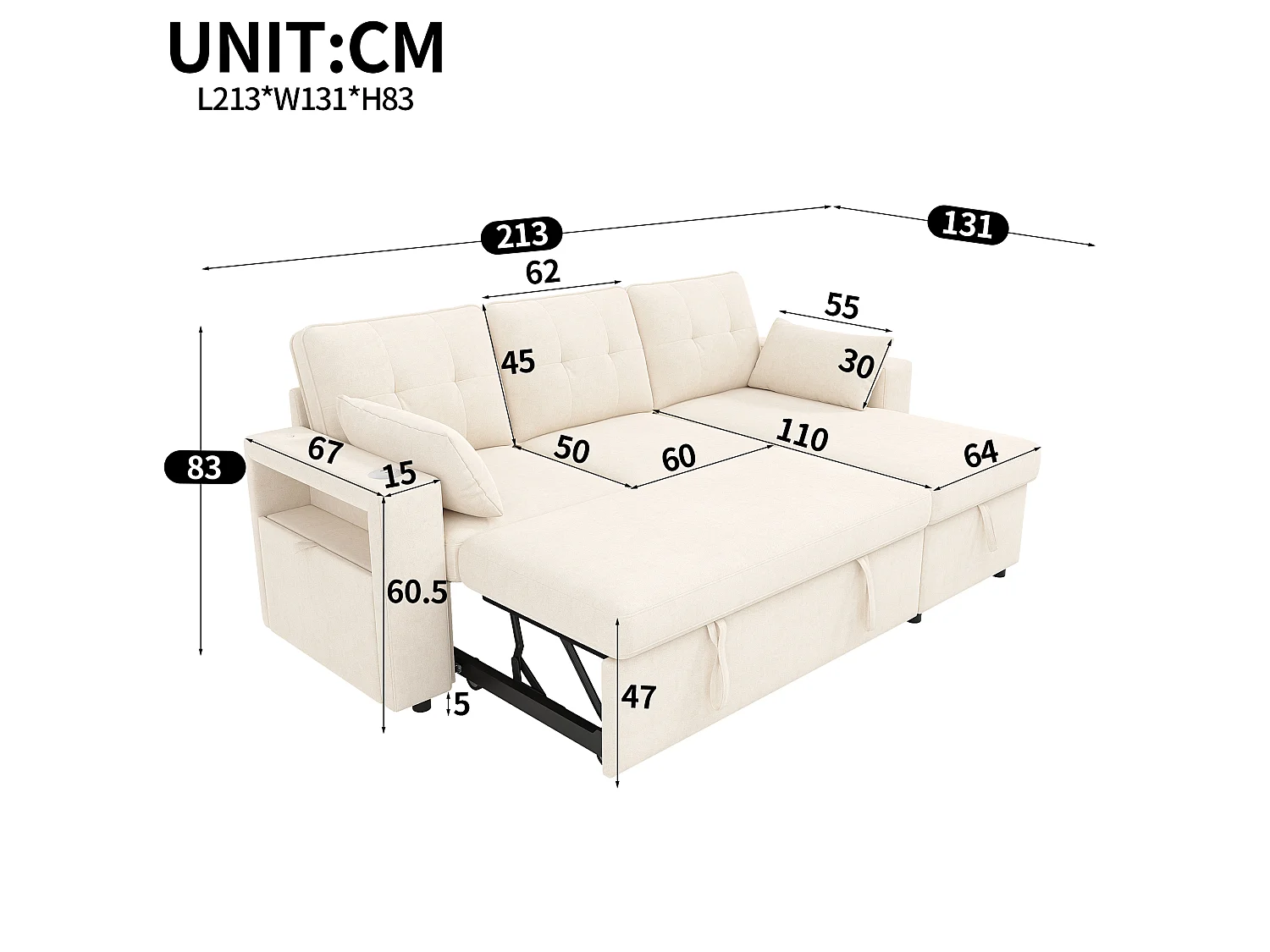 Canapé moderne en forme de L – avec ports USB et Type-C – avec éclairage LED – inclut 2 coussins – beige