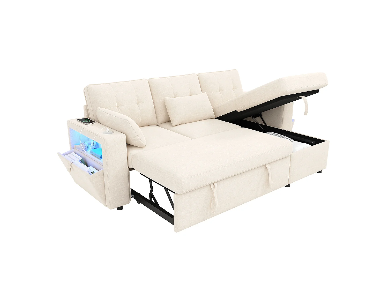 Canapé moderne en forme de L – avec ports USB et Type-C – avec éclairage LED – inclut 2 coussins – beige