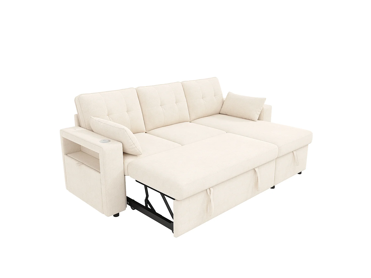 Canapé moderne en forme de L – avec ports USB et Type-C – avec éclairage LED – inclut 2 coussins – beige
