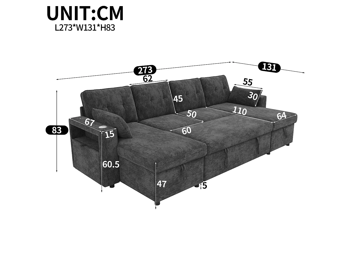 Canapé d'angle 4 places – Fonction convertible – Canapé en forme de U extensible – Ports USB et Type-C et éclairage LED intégrés – 2 coussins inclus – gris