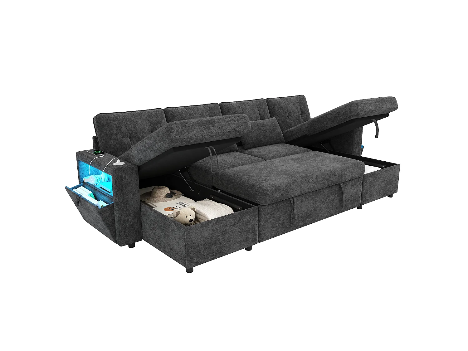 Canapé d'angle 4 places – Fonction convertible – Canapé en forme de U extensible – Ports USB et Type-C et éclairage LED intégrés – 2 coussins inclus – gris