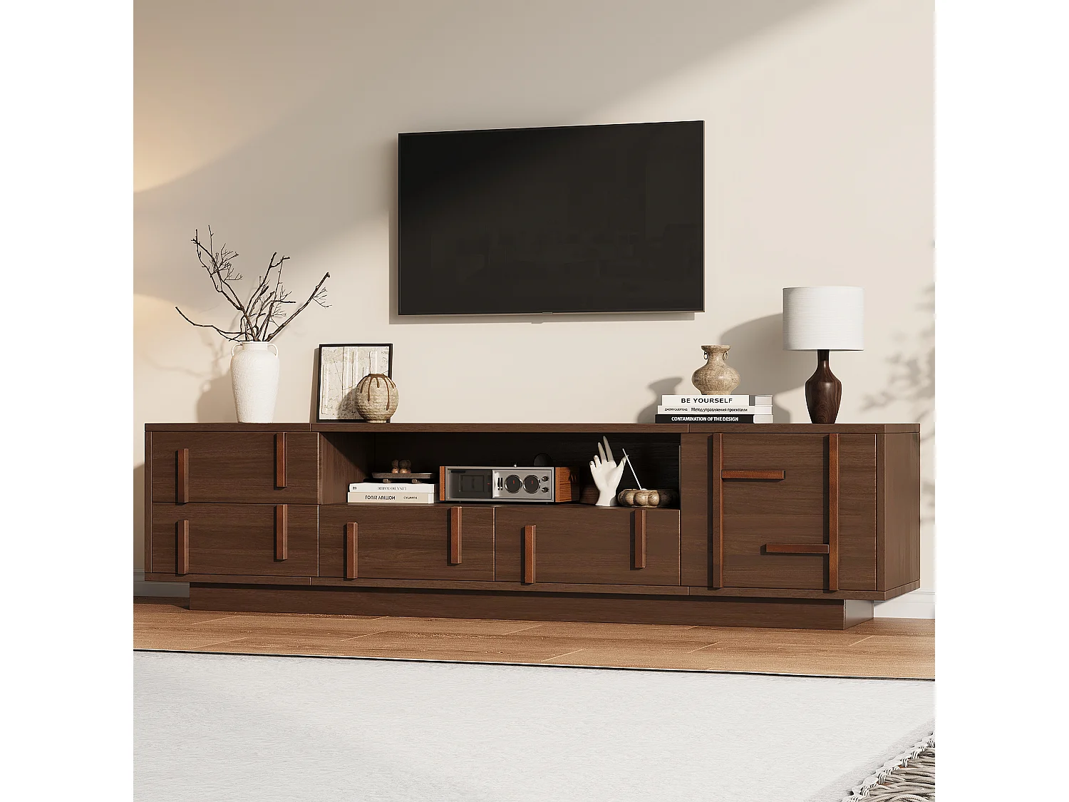 TV cabinet 180 x 40 x 45 cm - With 4 drawers, 1 door and 2 open shelves - Compatible with 75-inch TV - MDF - Brown