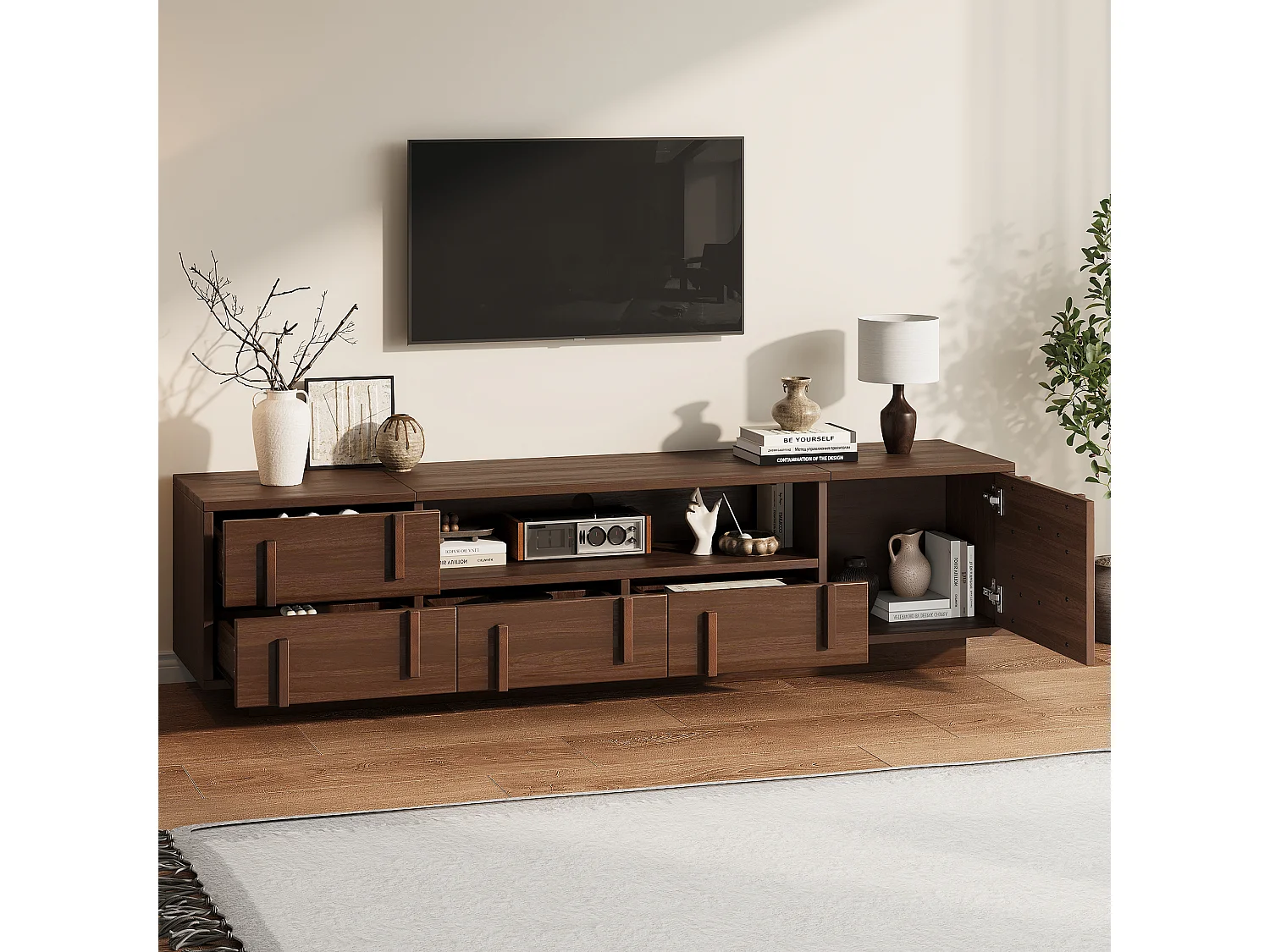 TV cabinet 180 x 40 x 45 cm - With 4 drawers, 1 door and 2 open shelves - Compatible with 75-inch TV - MDF - Brown