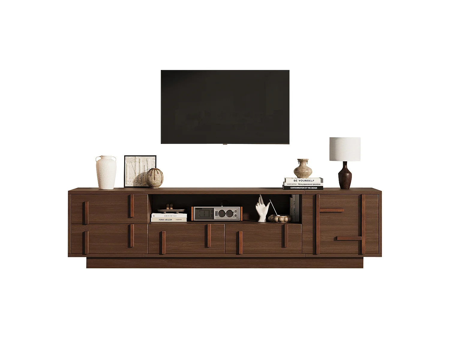 TV cabinet 180 x 40 x 45 cm - With 4 drawers, 1 door and 2 open shelves - Compatible with 75-inch TV - MDF - Brown