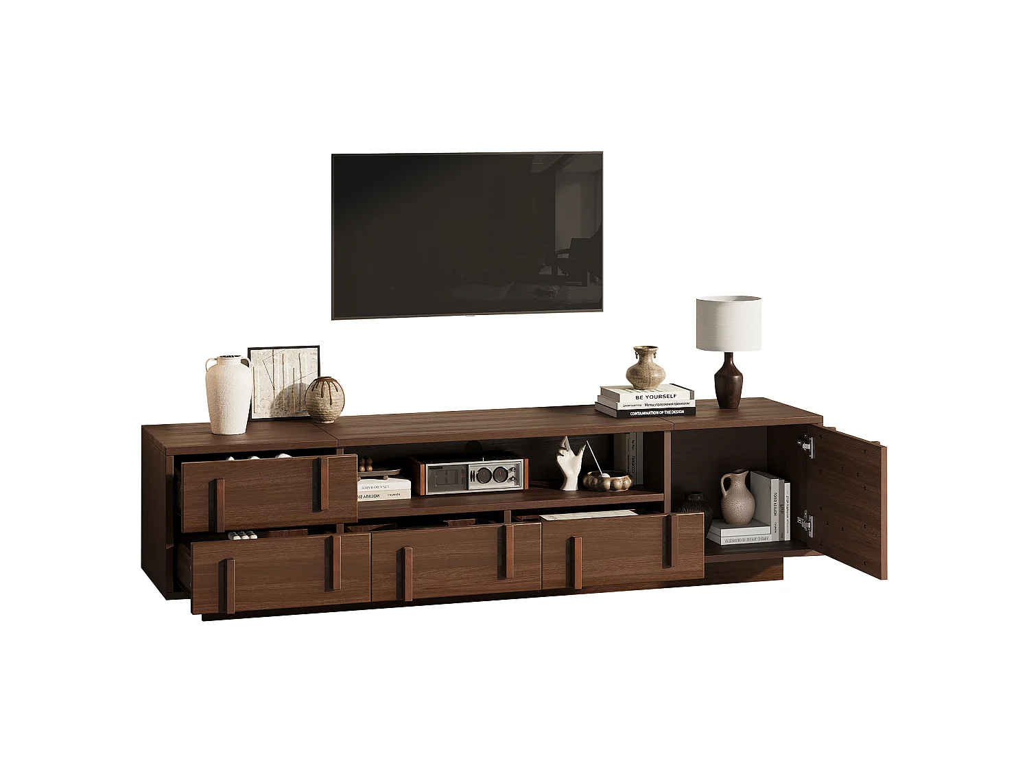 TV cabinet 180 x 40 x 45 cm - With 4 drawers, 1 door and 2 open shelves - Compatible with 75-inch TV - MDF - Brown