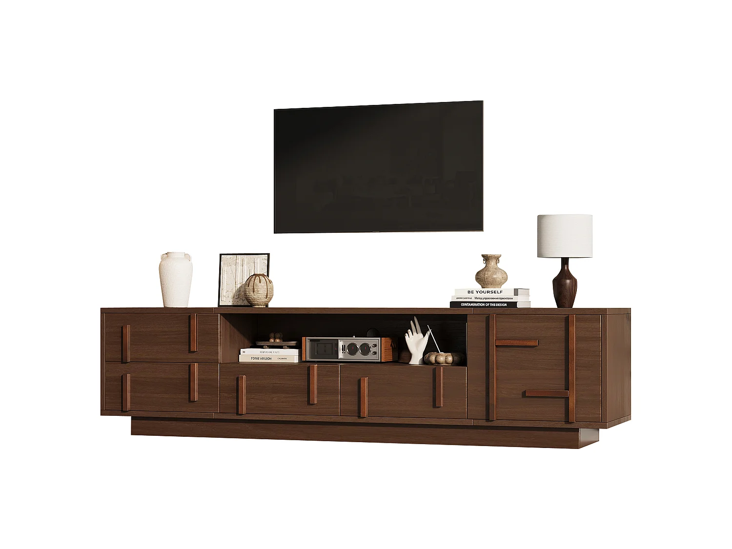 TV cabinet 180 x 40 x 45 cm - With 4 drawers, 1 door and 2 open shelves - Compatible with 75-inch TV - MDF - Brown