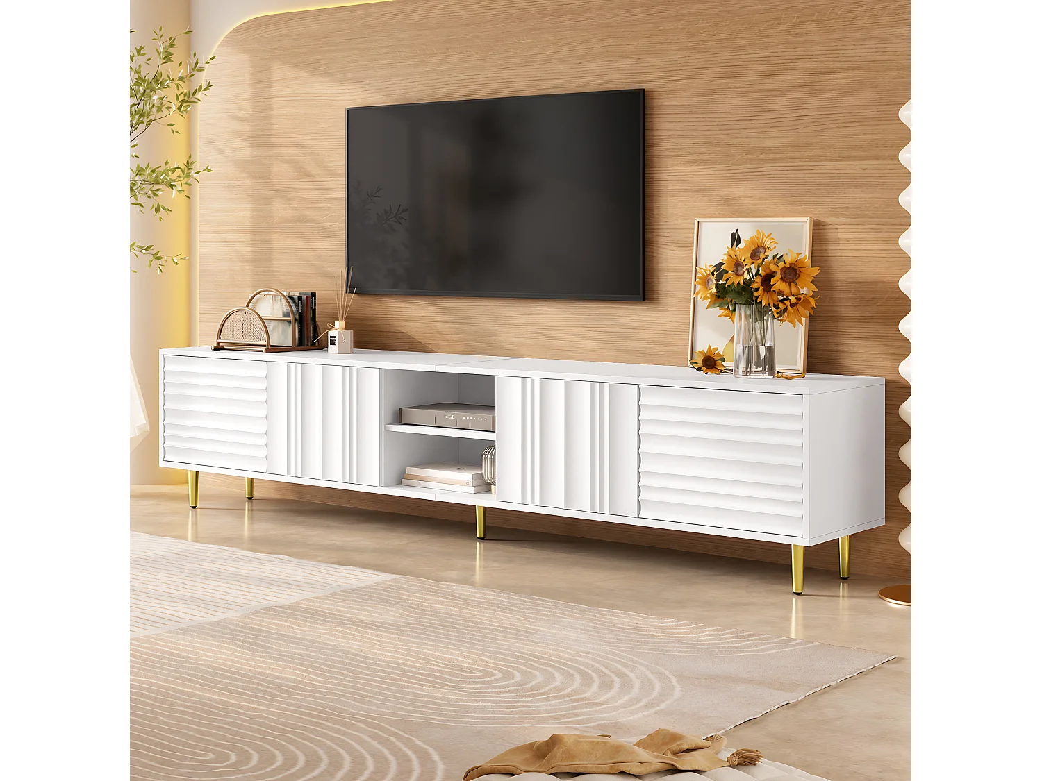 Modern TV stand 200x35x45 cm - 4 doors and open compartments - Handleless - Metal legs - MDF - White